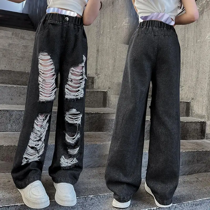 2024 New Fashion Big Girls Black Ripped Thin Straight Jeans 5-15 Years
