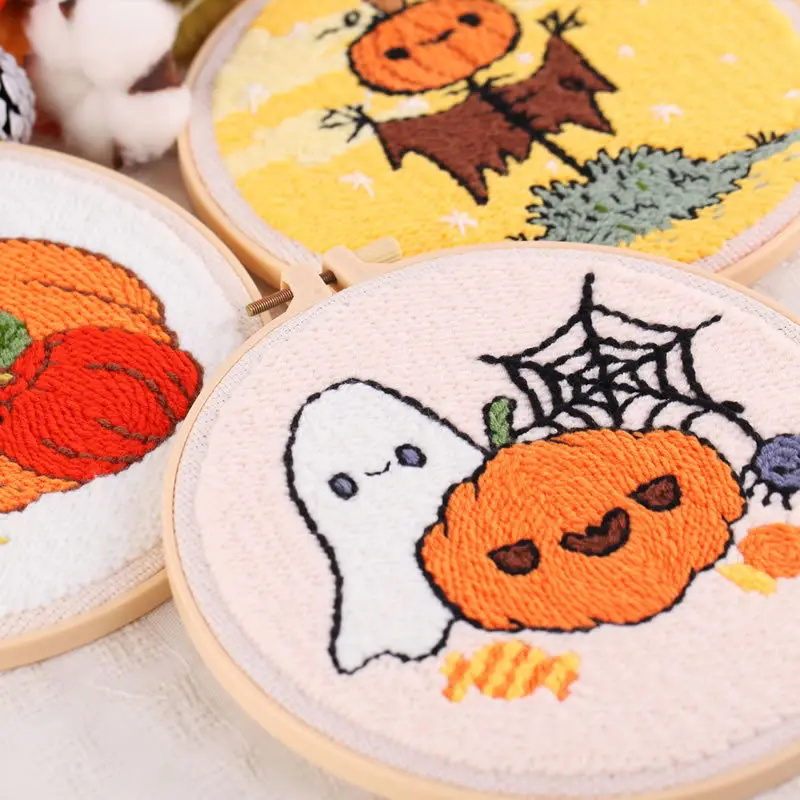 Halloween Punch Needle Kits for Beginner Embroidery Starter Kit Punch Needle with Punch Needle Fabric,Hoops,Yarns,Sewing Needles