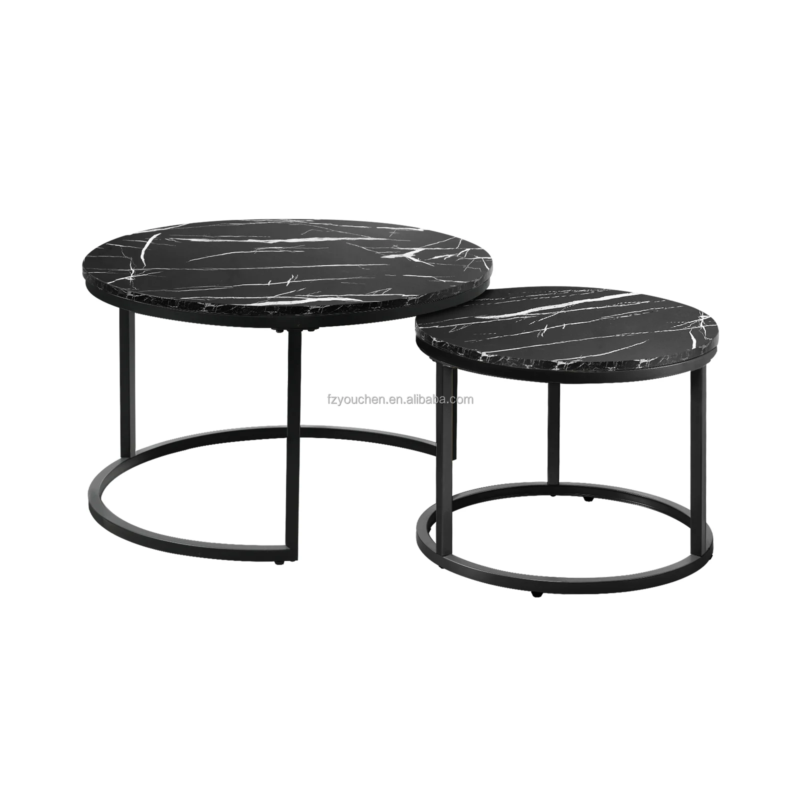 Reclaimed Oak Round Modern Nesting Coffee Set of 2 Living Room Accent Tables with Tabletops and Matte Metal Frame