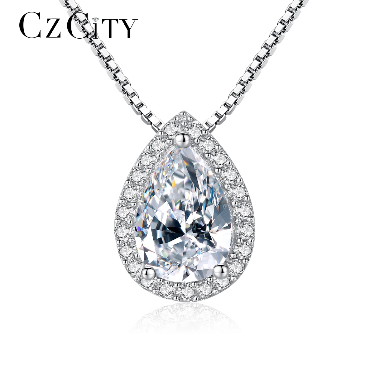 CZCITY Wholesale Luxury Elegant Women Christmas Gift Sexy Neck Jewelry Waterdrop Pendant Clear CZ 925 Sterling Silver Necklace