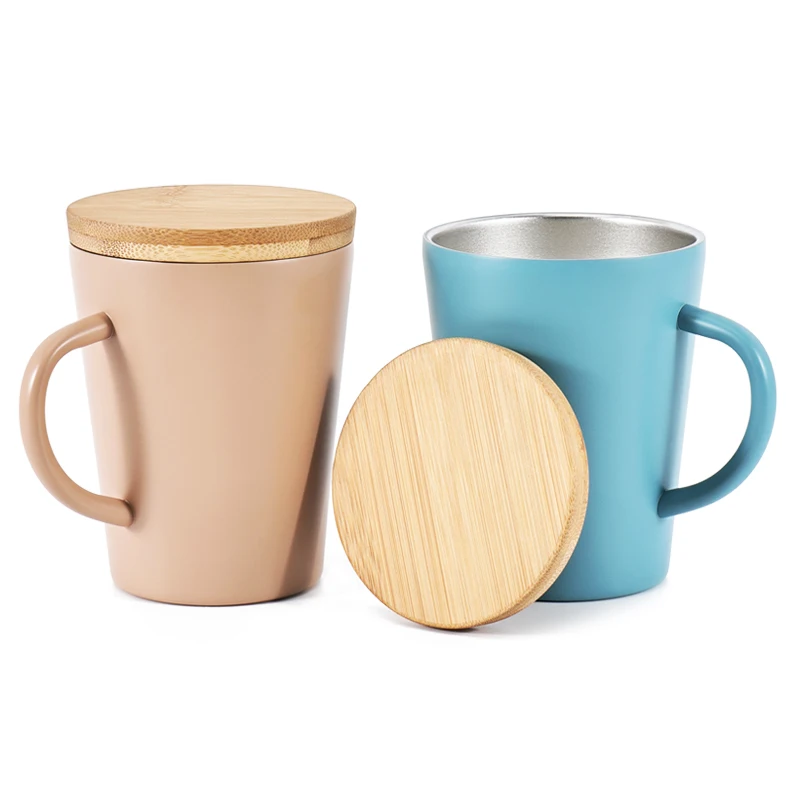 350ml 12oz Stainless Steel Double Wall Coffee Mug Bamboo Lid Insulated Camp Cup