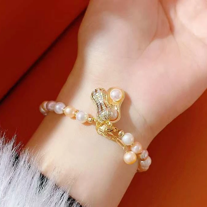 16+3cm mixed color pearl peanut bean bracelet 6-7MM round bright natural high-quality freshwater pearl bracelet