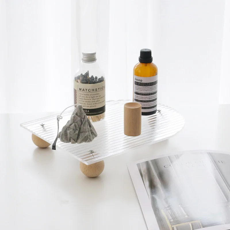 New Clear Acrylic Tray With Wood Wall Base Home Decor Acrylic Serving Tray Makeup Perfume Display Wholesale