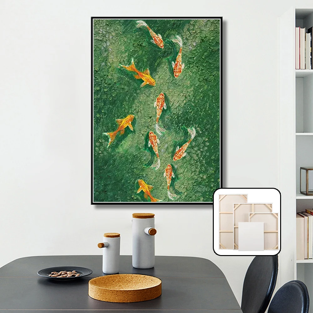 100% Authentic Handmade Abstract Oil Painting Green Theme Goldfish in Fish Pond Home Wall Art Decoration