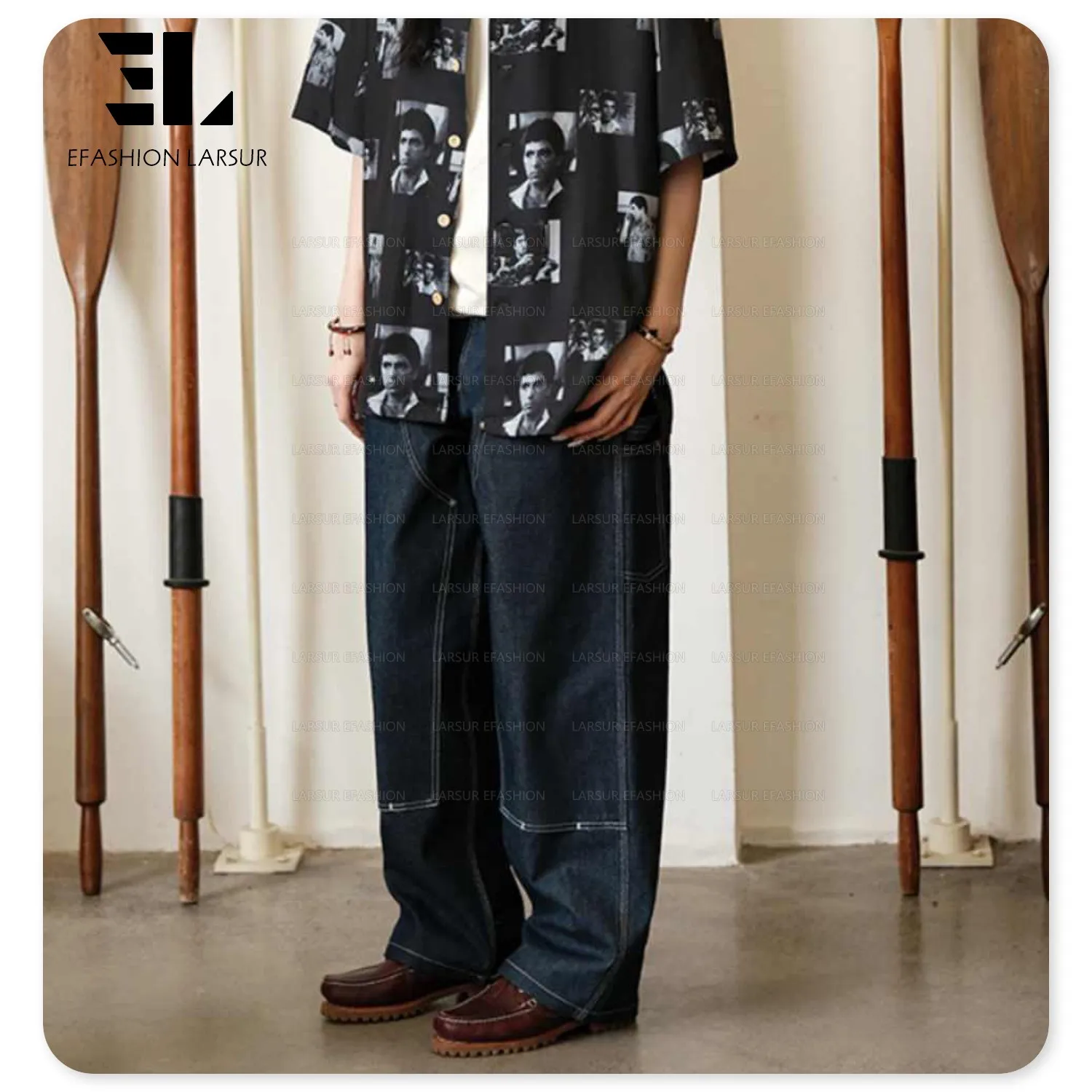 LARSUR Custom denim manufacturer raw double knee carpenter selvedge denim jeans men straight japanese style salvage denim pants