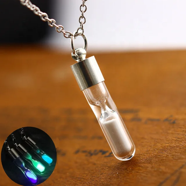 Women Men Halloween Accessories Glow In The Dark Quicksand Wishing Hourglass Crystal Drift Bottle Jewelry Necklace
