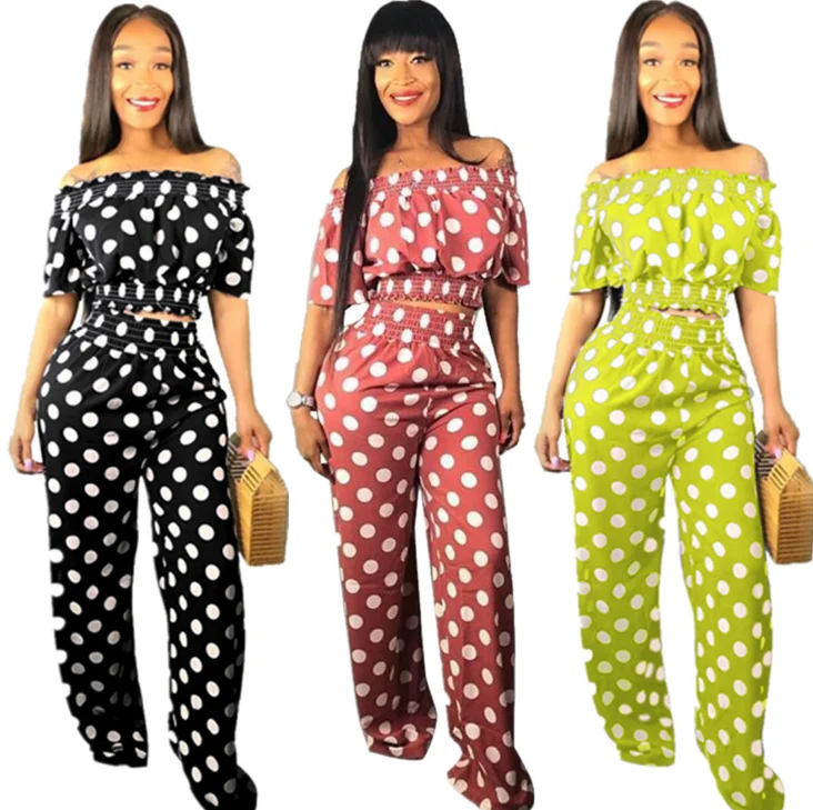 
XXXL Polka Dot Strapless Top Long Pants Two Piece Women Outfit 