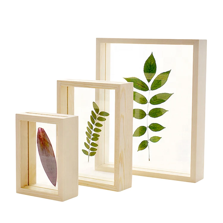 Custom Size Natural Solid Wooden Frame Wall Decor Double Sides Glass Floating Picture Photo Frame