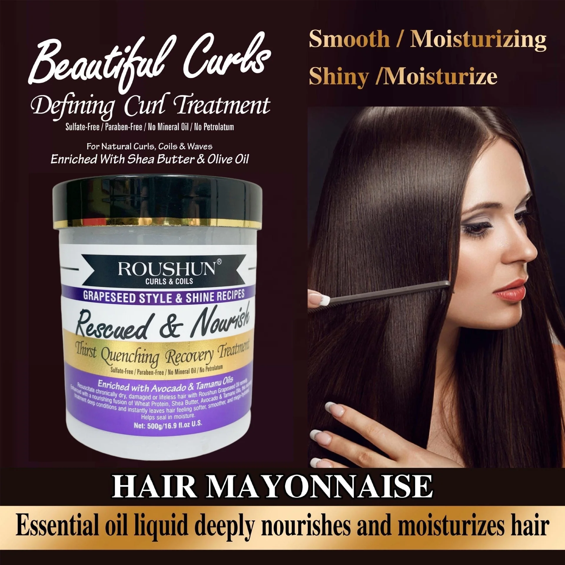 Roushun Curls&coils Grapeseed Style&shine Recipes Thirst Quenching Recovery HairTreament 500g