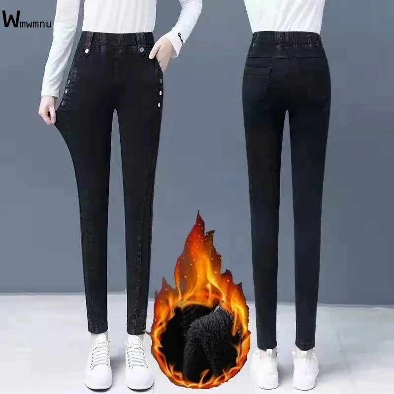 Women Plus Size 32 Vintage Slim Vaquero Bleached Warm Winter Denim Pants Black Leggings New Winter Plus Velvet Stretch Jeans