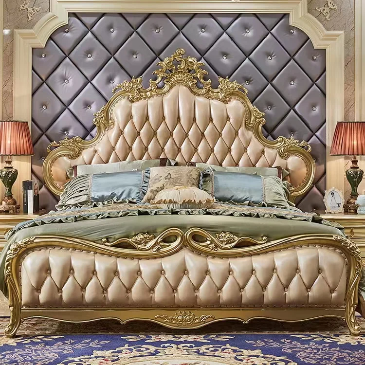 Роскошный стиль Вилла Дом королевская мебель антикварные золотые наборы для спальни (1600381904645)