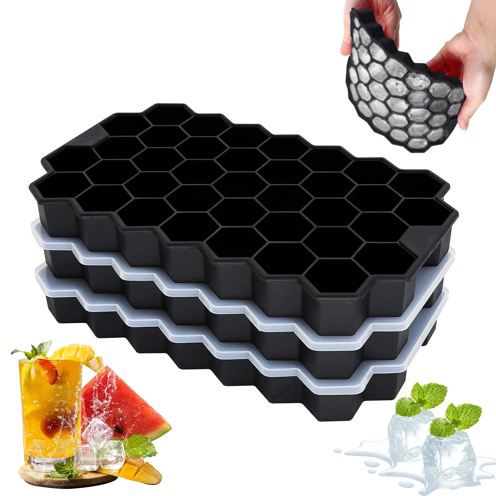 Wholesales 37 Cavities Honeycomb Shaped Stackable Ice Cube Molds & Trays Food Grade Silicone Ice Cube Trays With Lid
