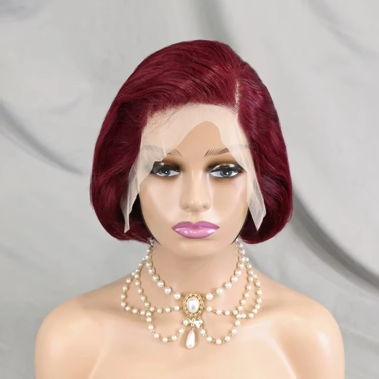 Virgin Human Hair Vendor Wholesale Short Pixie Cut Wigs Cuticle Aligned Bob Wigs Burgundy Color 99J Lace Front Wig Indian Hair