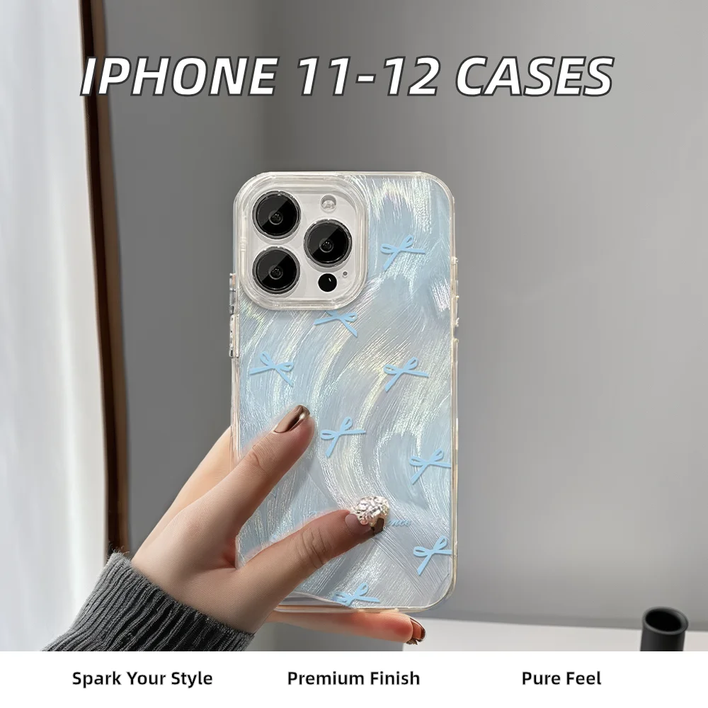 Stylish Halo Dyed Blue Bow Phone Case for iPhone 11 12 Series Shockproof PC Material Mobile Phone Case