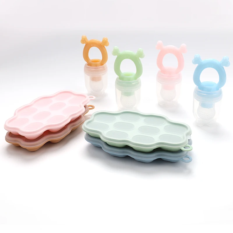 Customized Bpa Free Teether Toy  Baby Fruit Food Feeder Pacifier 10 Cavities Silicone Baby Ice Cube Tray Mold Set With Lids