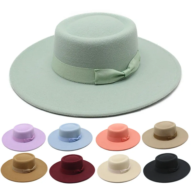 Low moq wholesale women men wide brim felt custom logo flat top fedora hats