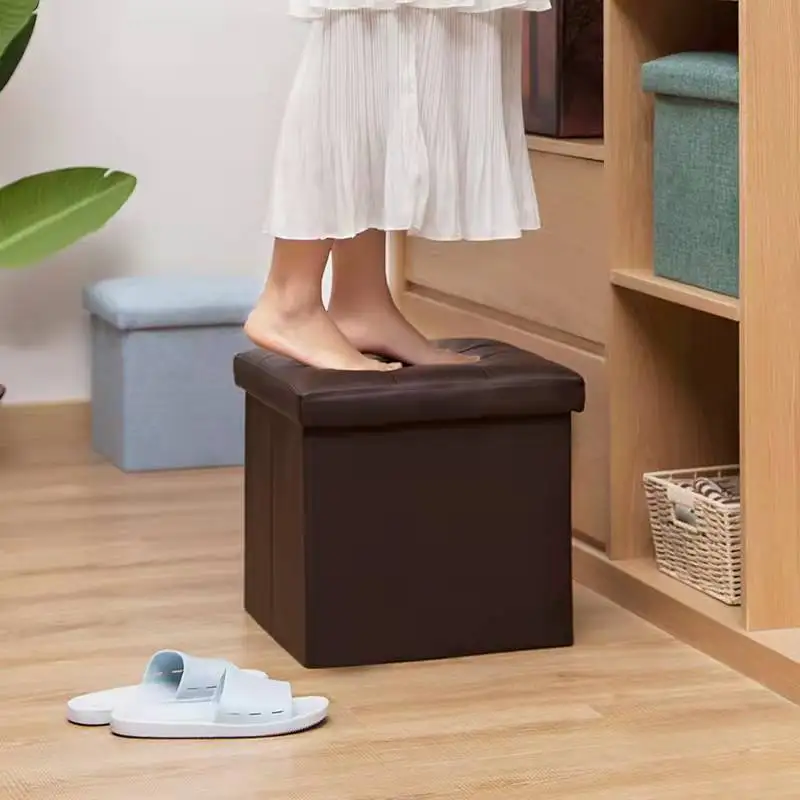 Hot Selling Factory Collapsible Storage Holders & Racks Ottoman Dining Table Chairs PU With Button Storage Stool For Bedroom