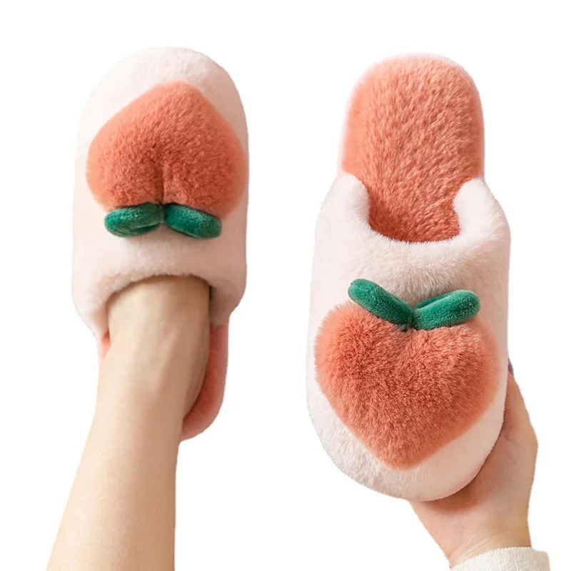Mengxian Cute Peach Cotton Slippers Female Winter Heel Couple Home Plush Indoor Slippers Male Winter Wholesale