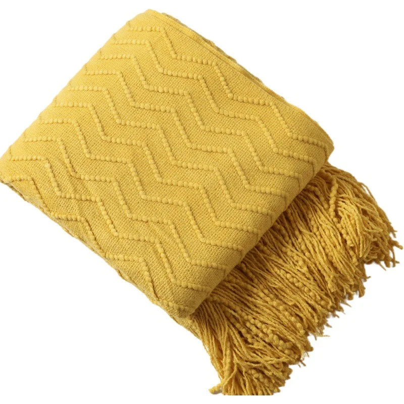 Throw Blanket with Tassel Sofa Bedspread Travel Jacquard Towel Soft Grey Yellow Knitted Blanket Bed Decor