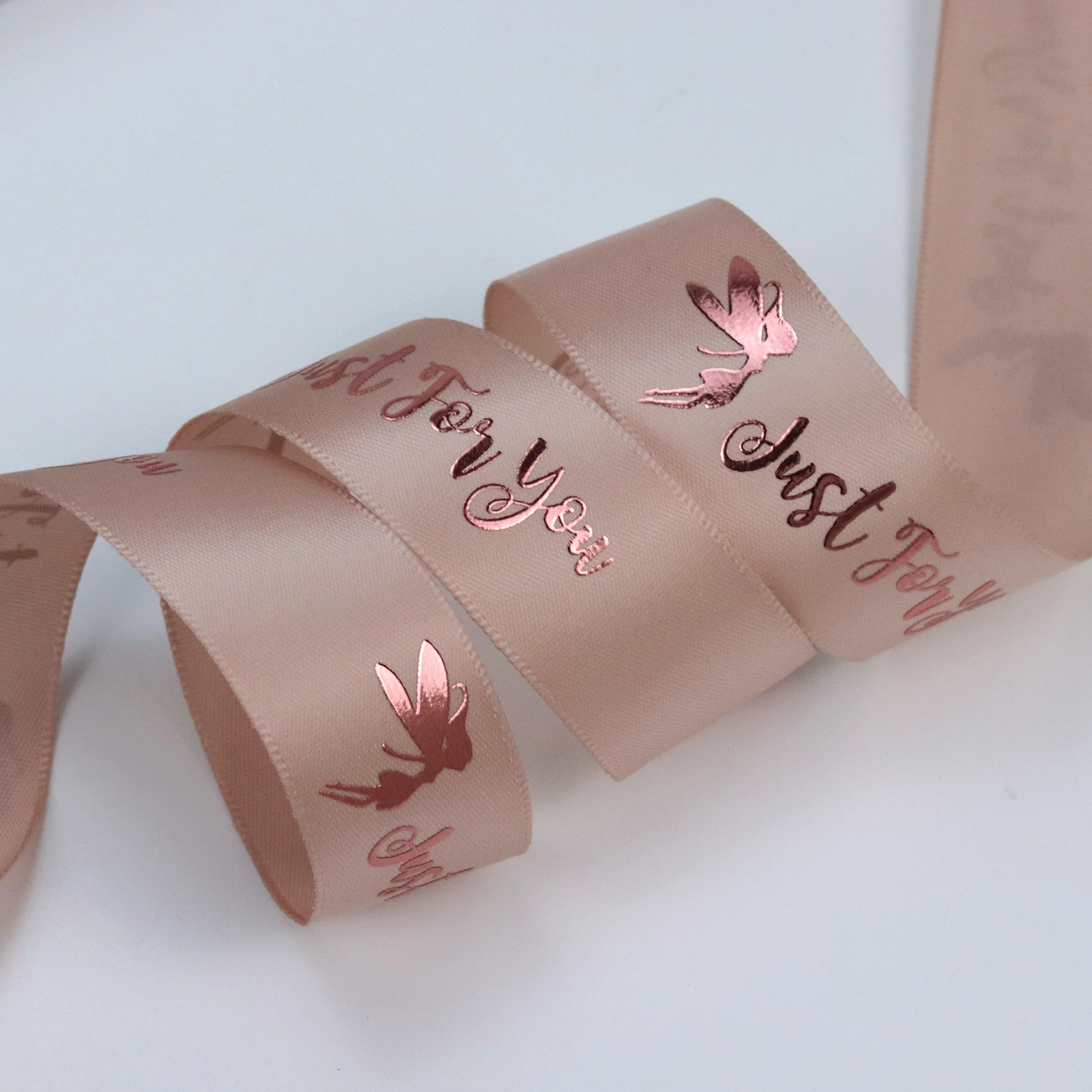 Factory Custom Rose Gold Print ribbon with logo Business Name 1 Inch Polyester Dusky Pink Satin Ribbon