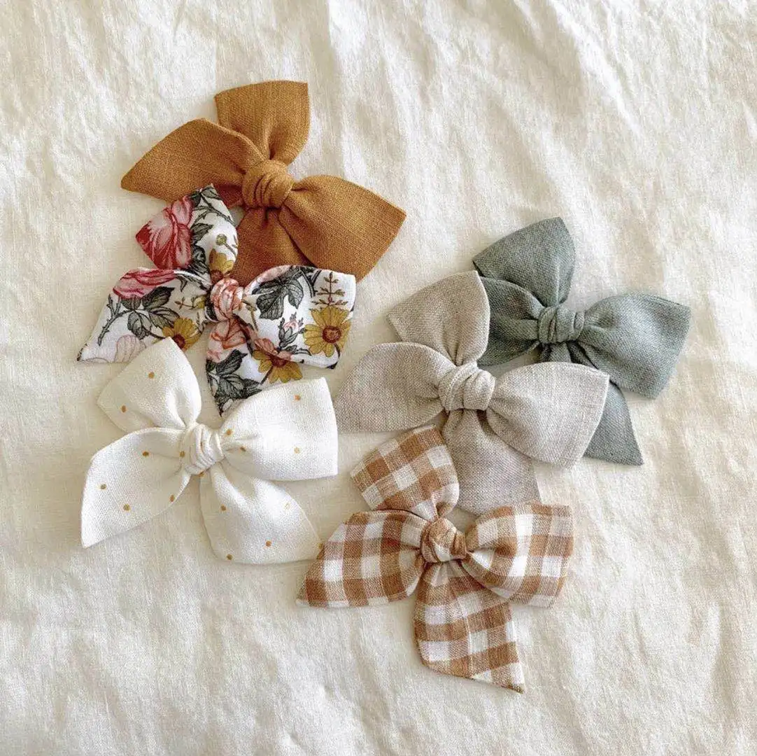 
Baby Girl custom handcraft floral hair bow handmade gingham hair clips linen dots bow with clips 