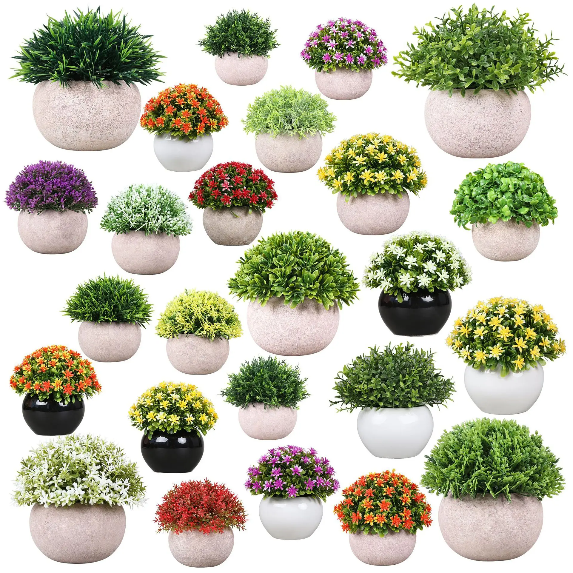 Mini Artificial Plants Potted Greenery Green Grass Plastic Faux Topiary Shrubs for Bathroom Home Kitchen Office Farmhouse Decor