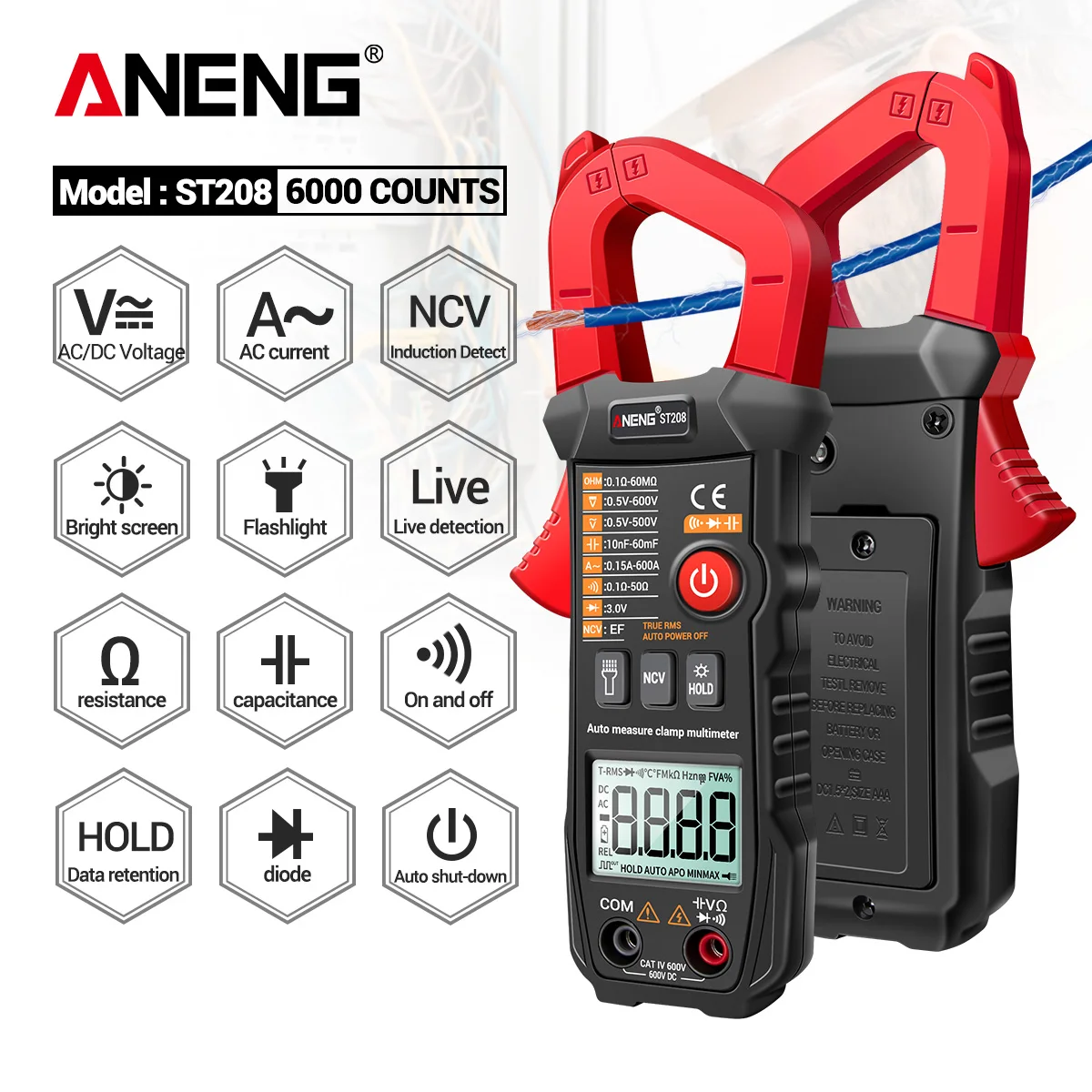 ANENG ST208 Цифровые токоизмерительные клещи мультиметр автомобиля 6000 переменного/постоянного тока AC/постоянного измерения прибор для проверки транзисторов