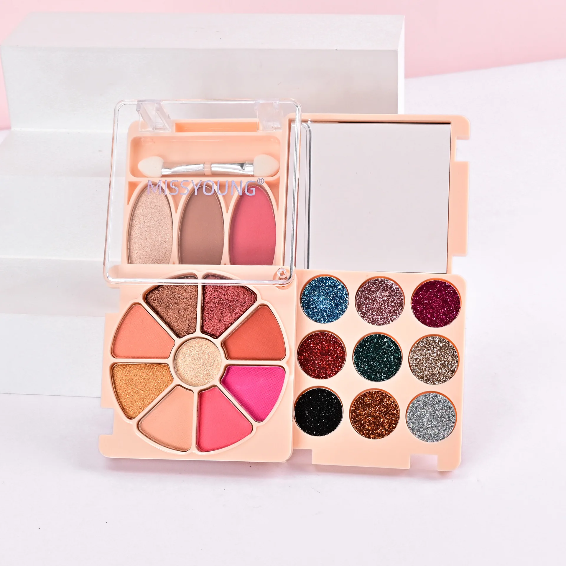 Hot selling mini makeup kit 21 color matte glitter eye shadow blush contour highlighter cosmetics gift kit with mirror and brush