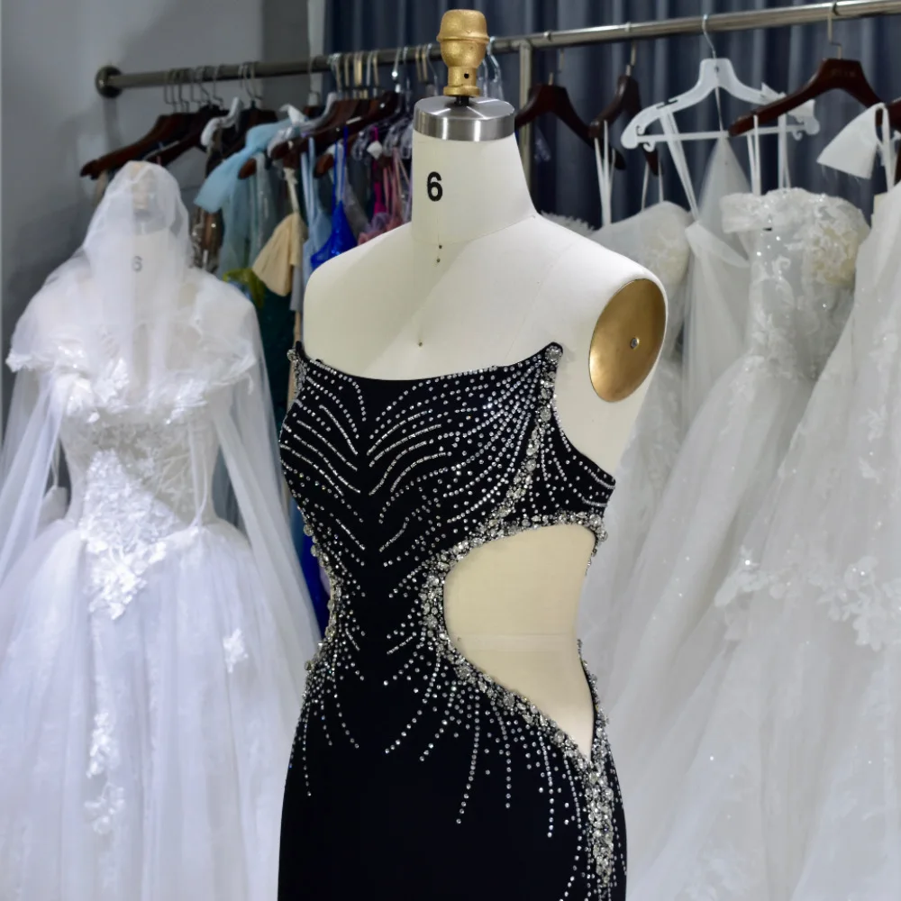 Black chest-top small train design sense, satin studded pearl waist sexy party evening dress, noble fashion tight ball dress