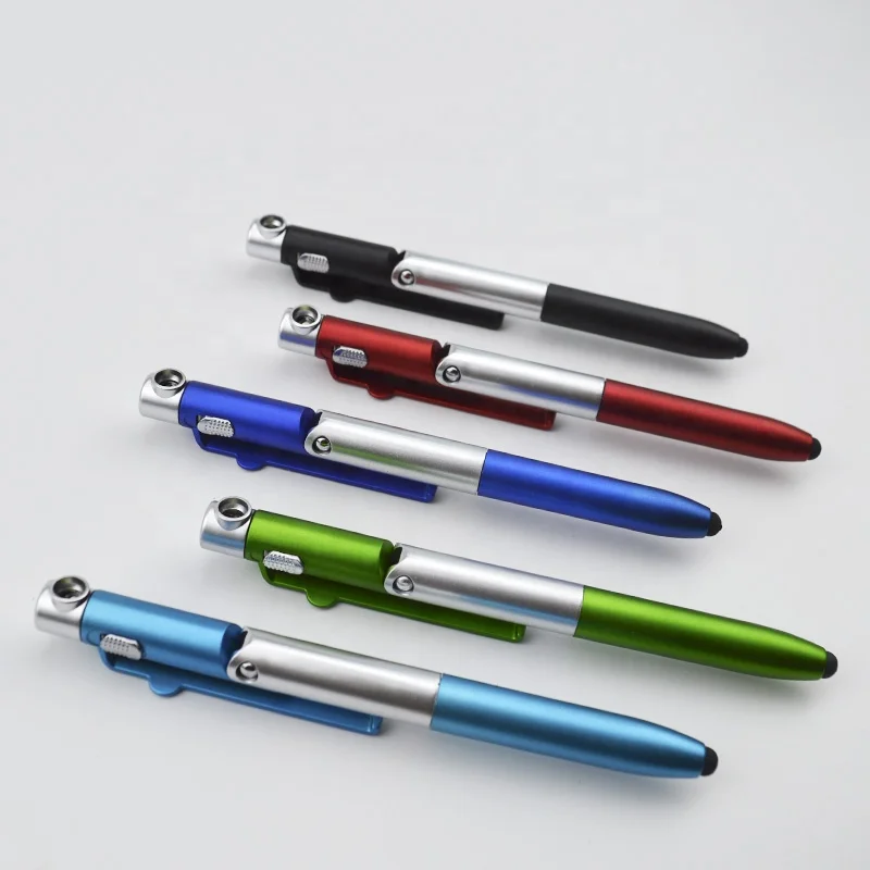 4 in 1 promotional gift multifunctional stylus phone holder LED light plastic pen with stand