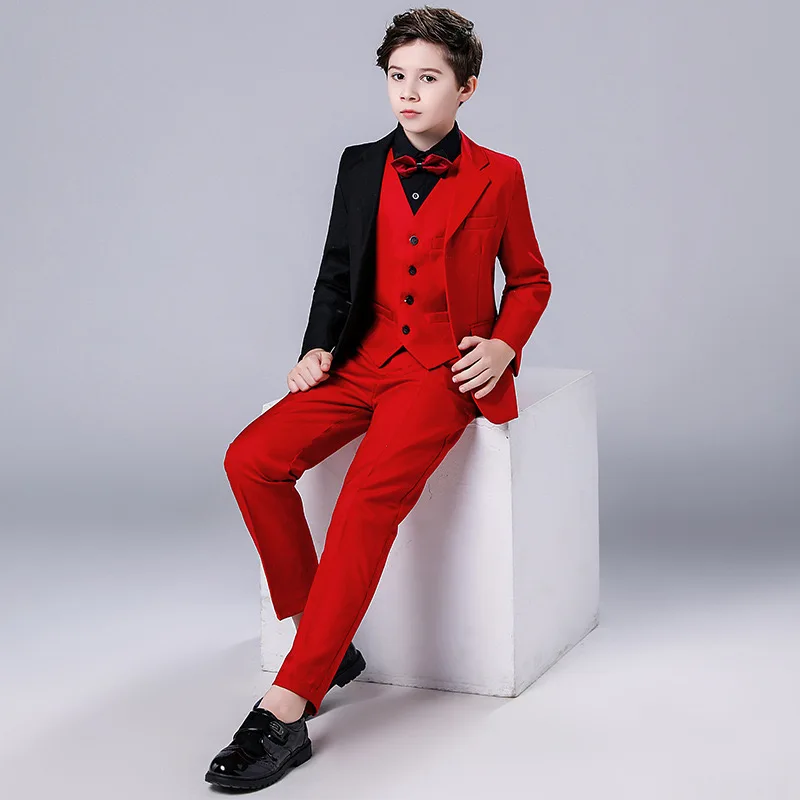 Red Black Contrast Color Men Dinner Tails Boys Formal Tuxido Dress Suits Kids Christmas Blazer Set Children Wedding Clothing