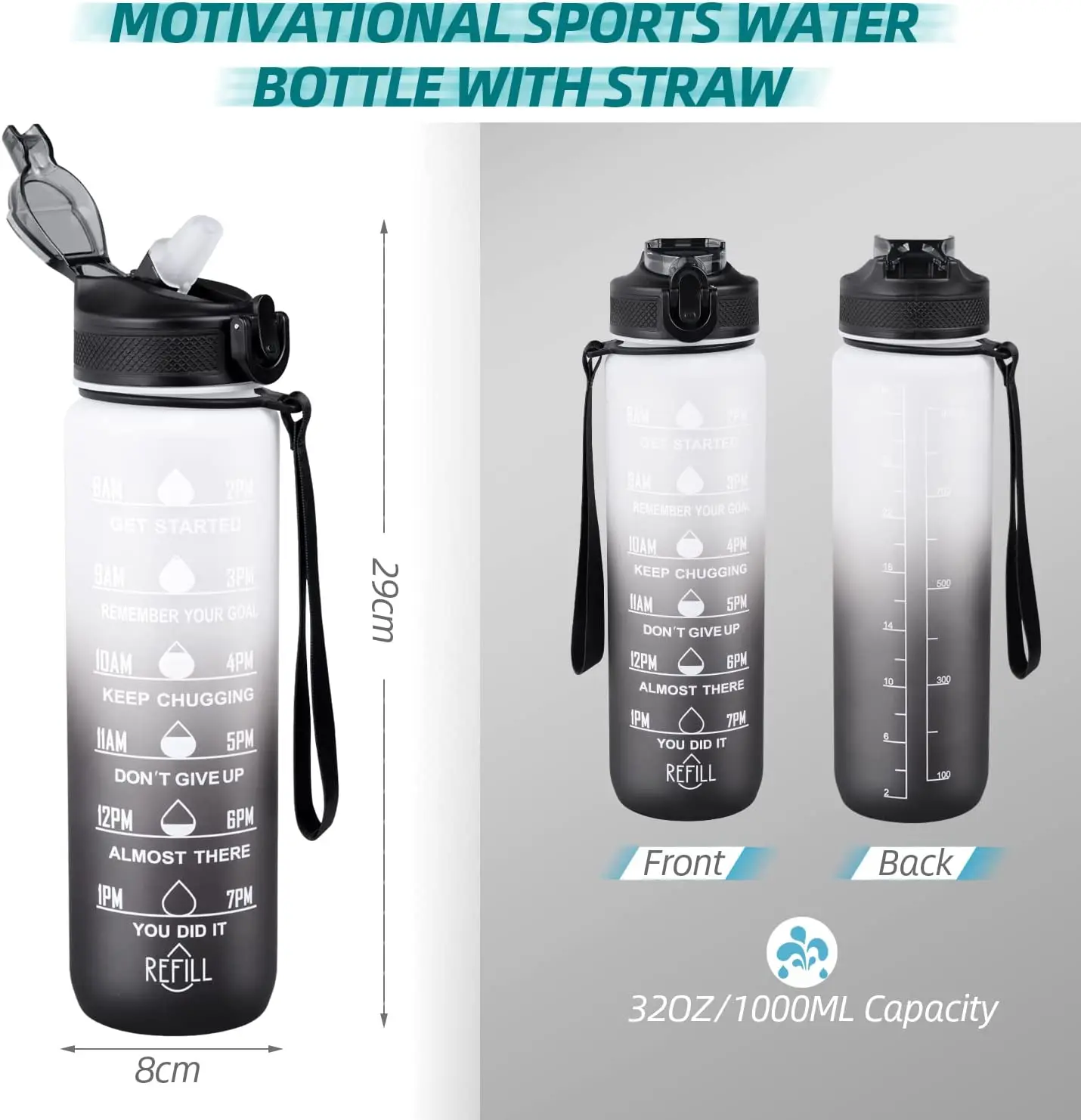 1Litre 2l Gradient Frosted Bottle Leakproof Sports Tritan Plastic Fitness Water Bottle Stay Hydrated With Motivational Times
