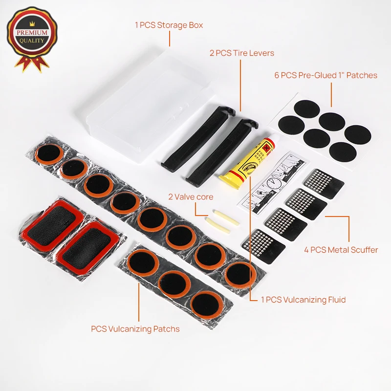 Bicycle Inner Tire Patch Repair Kit with 13 PCS Vulcanizing Patch 6  Glueless Puncture Patchs 4 Metal Scuffer and Storage Box