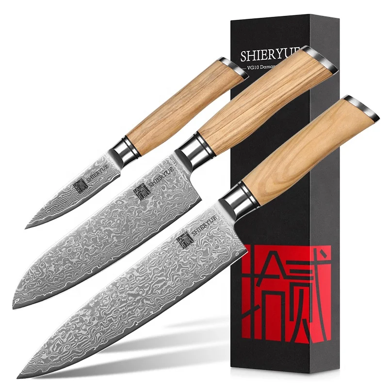 Высококачественная упаковка VG10, набор кухонных ножей, включая santoku, нож для очистки овощей, рукоятка из оливкового дерева, дамасский набор шеф-поварских ножей