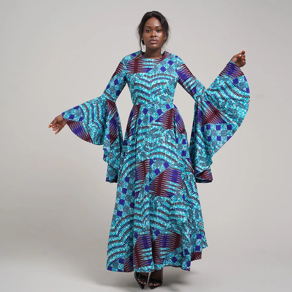 Elegent Fashion Style Spring African Print Kitenge Designs Traditional Dress Plus Size Casual Long Sleeve African Women Dresses
