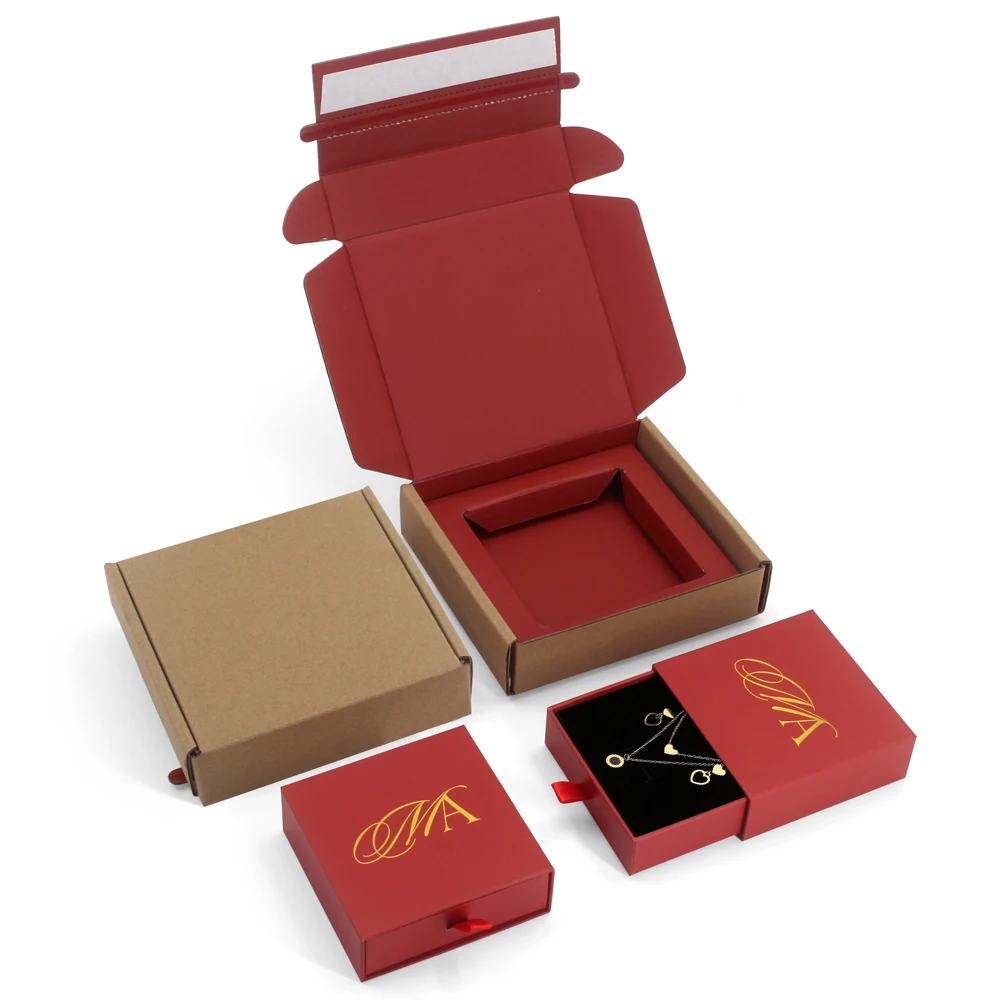 Fancy Mailer Box with Custom Logo Red kraft paper cardboard Jewelry Mail Mailer Box Packaging With Foam Insert for jewelry