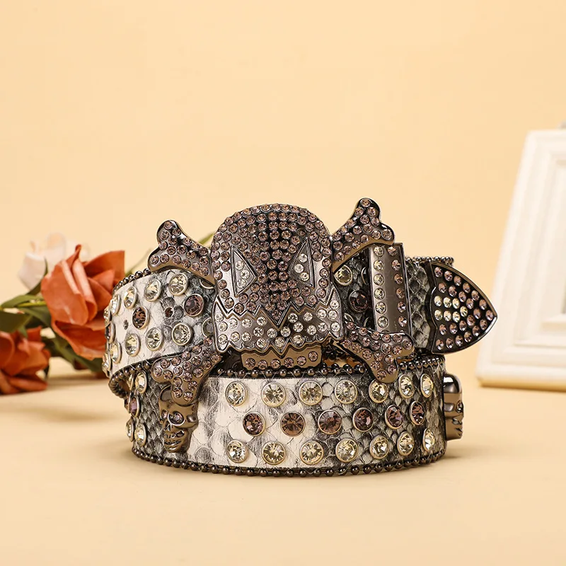 Bling bling Skull PU Accessories Custom Western Fashion Diamond Belt for Men Women Rhinestone BB Belt for Cowboy Cowgirl