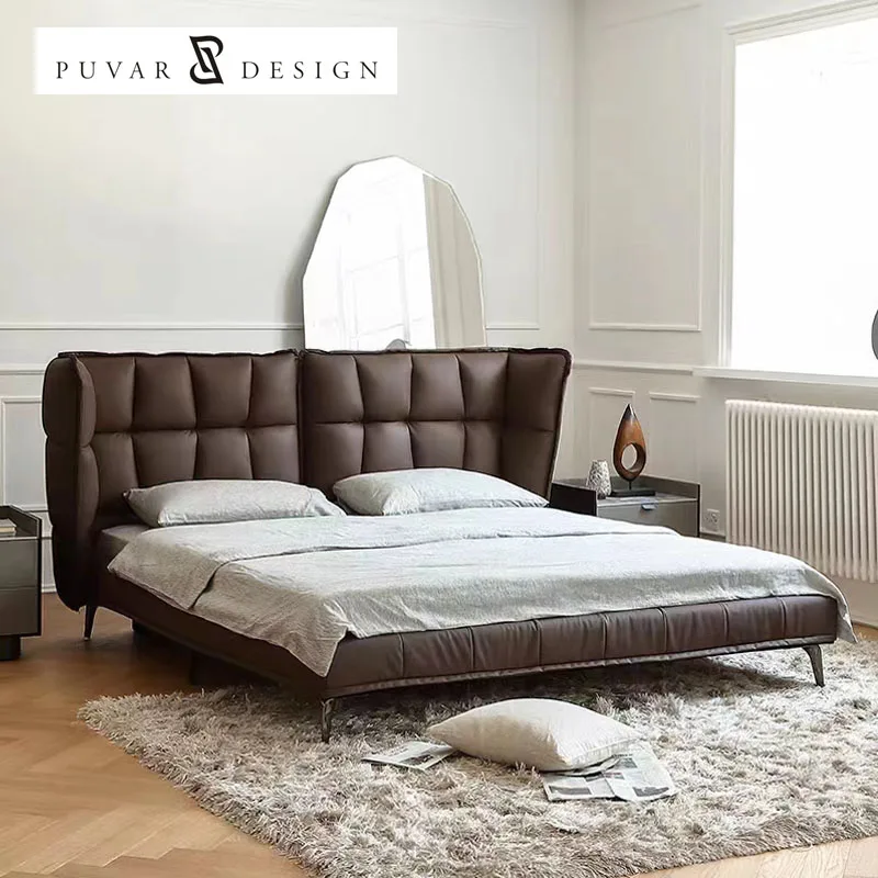Full bedroom Leather double bed Modern simple Master bedroom queen bed solid wood light luxury