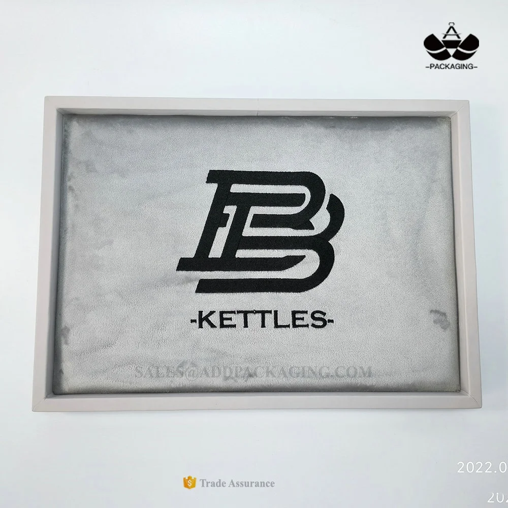 Customized Embroidery Black LOGO Gray Plush Velvet Lining PU Leather Border Jewelry Watch Valet Tray