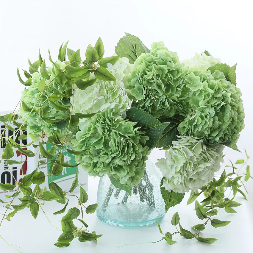 High Quality Single Stem Artificial Real Touch Latex Hydrangea Large Head Green White Flower For Party Wedding Table Decoration