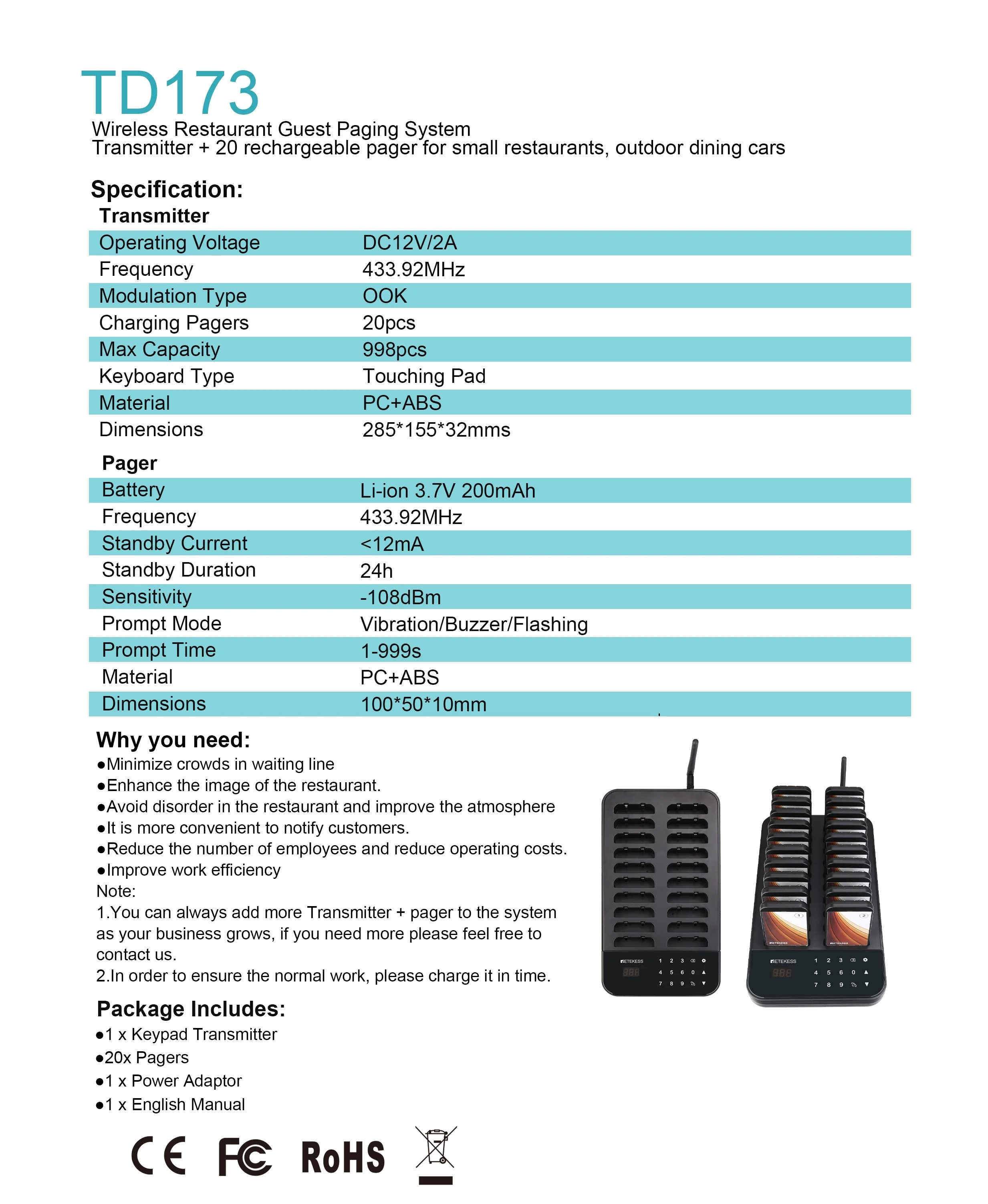 Factory Direct Outlet Wireless Restaurant Guest pager system 20 rechargeable Vibration Buzzer Flashing pagers Retekess TD173