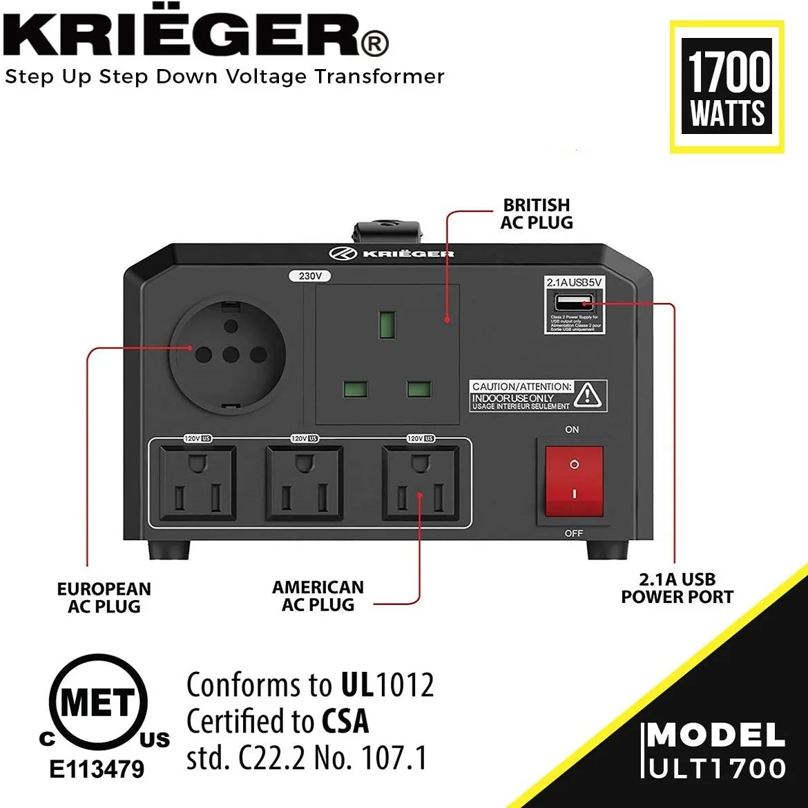 Krieger 1700 Watt Voltage Transformer 110/120V to 220/240V Step Up transformer MET Approved