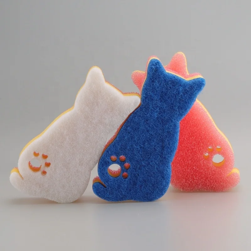 Wholesale custom home kitchen clean dishwashing sponge filter cotton three layer composite sponge heavy duty sponge cartoon cat