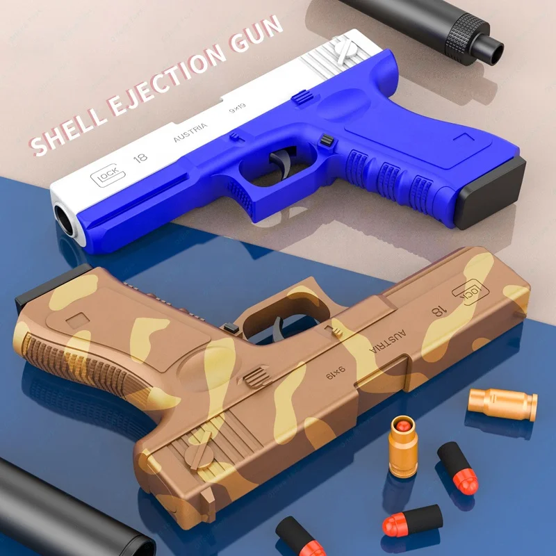 Qilong 2022 New Outdoor Indoor Foam Bullets Gun Toy G18 Shell Ejection Super Gun With Suppressor Pistol Manual Toy Guns For Boys