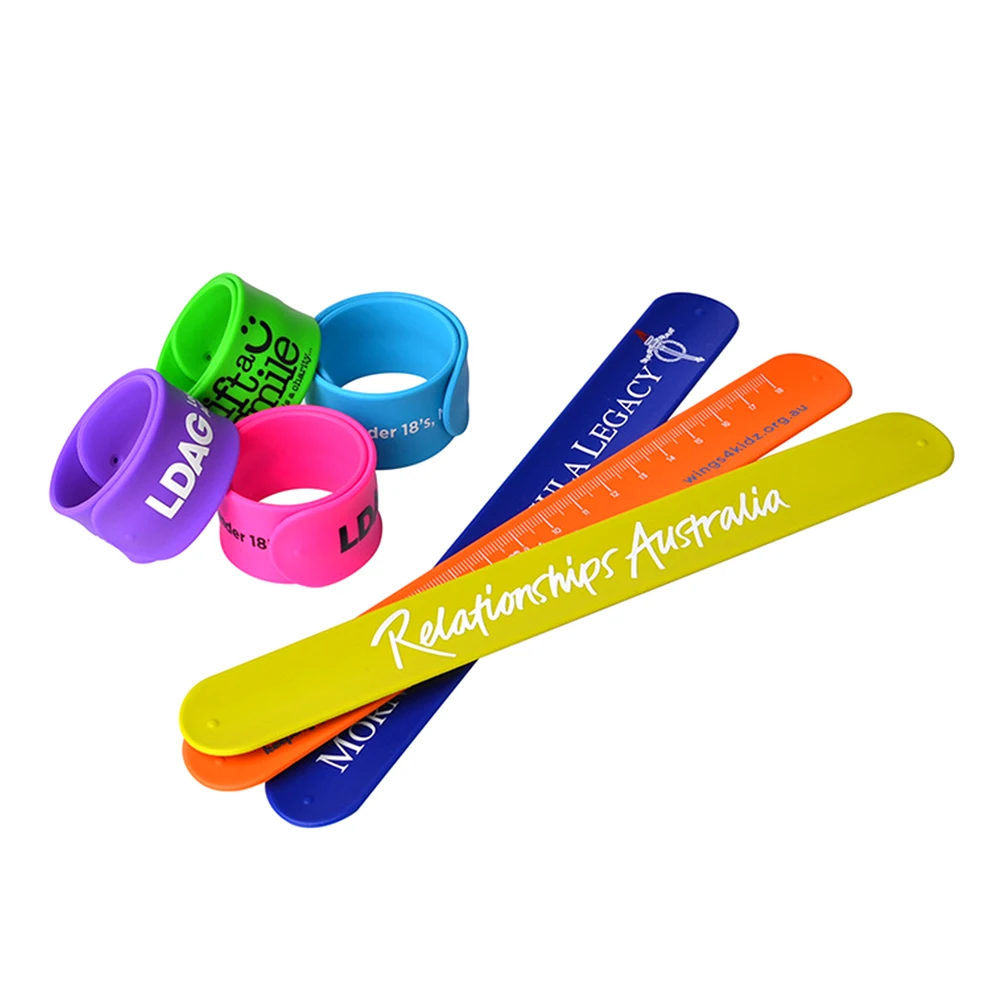 Wholesale bulk cheap eco friendly custom logo printed children snap wristband promotional silicone slap ruler bracelet