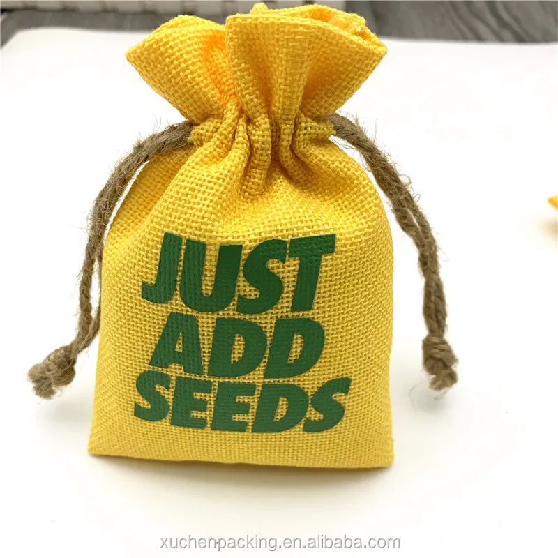 Bright Yellow Jute Linen Seeds Drawstring Bags With Hemp Rope