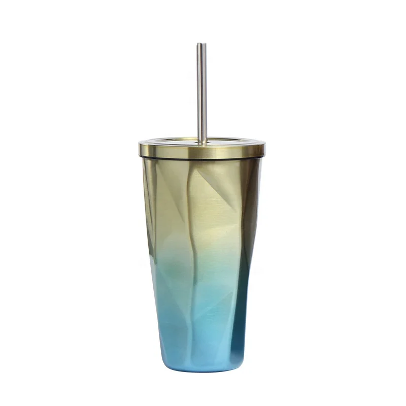 
Hot sale 304 stainless steel mugs large capacity diamond gradient color coffee cup with straw 