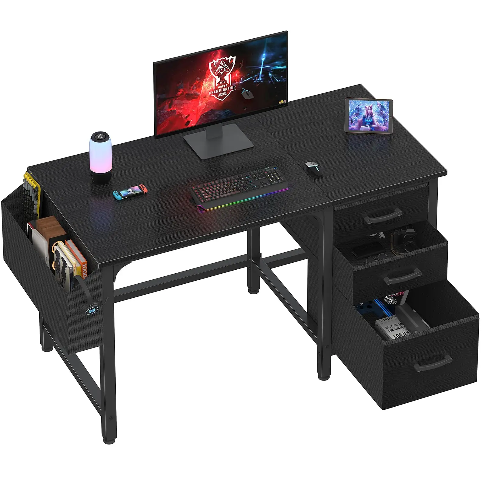 47-Inch Home Office PC Desk with File Drawers Cabinet Wooden Filing Small Space Gaming Study & Writing Table Black Computer Desk