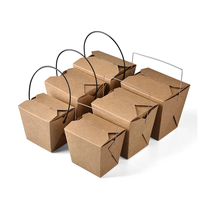 Customized Logo Disposable 16/26/32 oz Kraft Paper Salad Rice Noodle Boxes Take Away Food Grade With Handle Cardboard Material