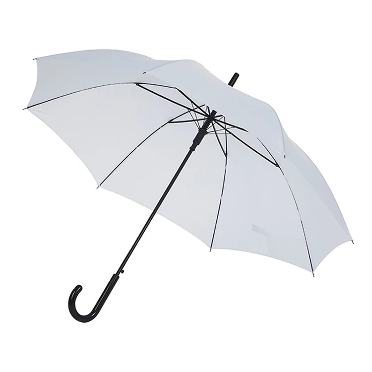 Factory Wholesale J Handle White Polyester Material Anti Corrosion Tips Sturdy Auto Open Branded Stick Umbrella With LOGO